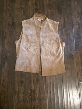 Coldwater Creek Suede Embroidered Zip Vest in Light Brown